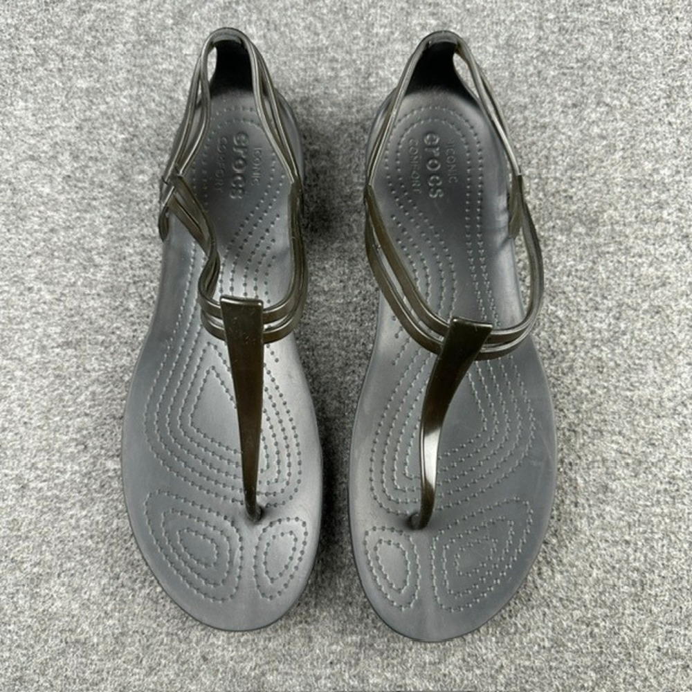 Crocs Isabella T-Strap Thong Flat Sandals Womens 9 Black Gemlite Iconic Comfort